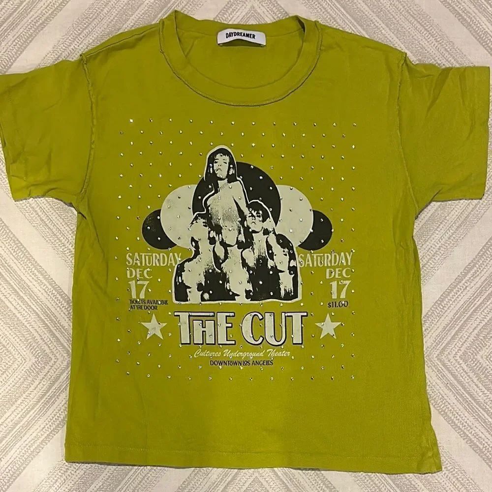 Daydreamer The Cut Rhinestones Reverse GF Tee in Sour Apple Green - Size XS